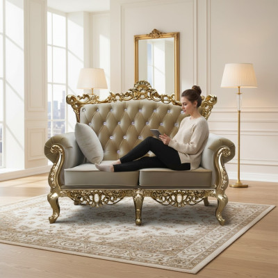 Tweezits Chesterfield-troonbank Koninklijke stoffering fluweel 2-zits antieke stijl