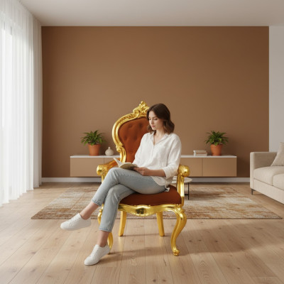 Elegante barokstoel in originele oranje kleur met glanzende gouden steunen.