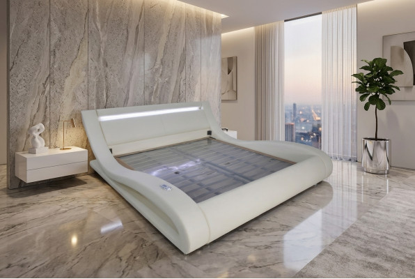 Luxe leren design gestoffeerde bedden dubbele moderne verlichte huwelijksbed.