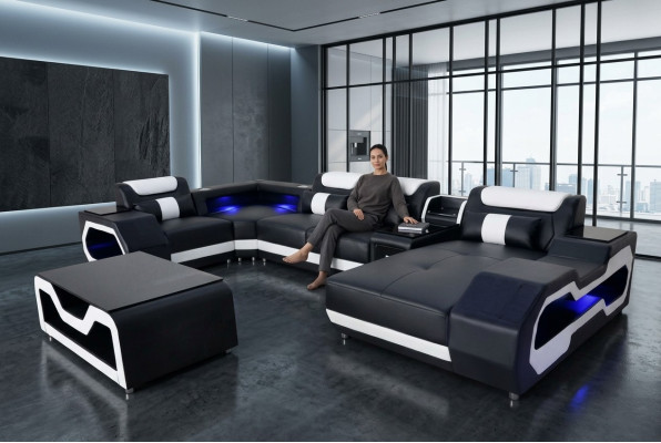 Leren bank hoekstel design moderne woonlandschap salontafel U-vorm G8046 Nieuw