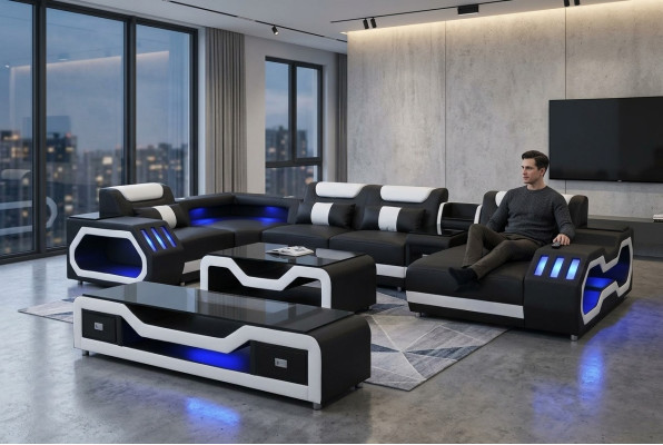Leren bankstellen hoekbankontwerp bank woonomgeving + salontafel + RTV G8046