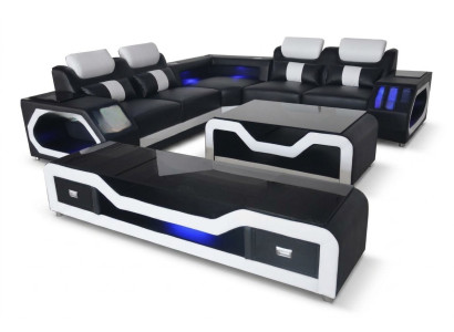 Leren bankstel woonlandschap hoekbank modern design L-vorm salontafel G8046