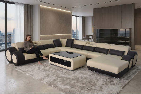 Leren bank woonlandschap set Design Modern Hoekbank U-vorm Chaise G8035