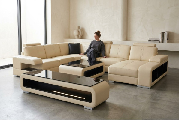 Leren bank woonlandschap set ontwerp modern hoekbank U-vorm tafel RTV G8028.