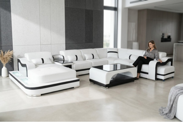 Leder bank kussen zit woonlandschap ontwerp modern hoek bankstel U-vorm + tafel