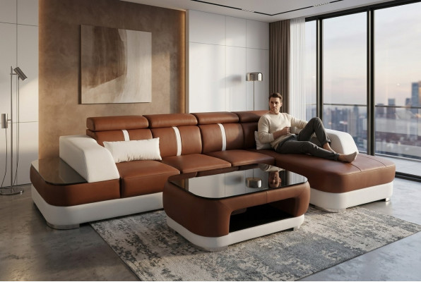 Leder bank kussen zit ontwerp modern hoekbank bank woonlandschap + tafel