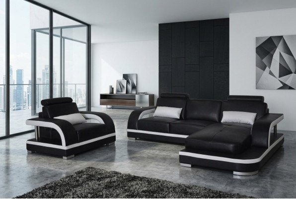 Eckbankstel, gestoffeerde bank, zithoek, leren bankstel, fauteuil, L-vormige woonlandschap, nieuw.