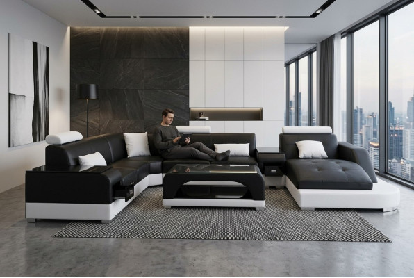 Leren bank Moderne zitbank Ontwerp Bekleding Hoekbank Woonlandschap + Tafel