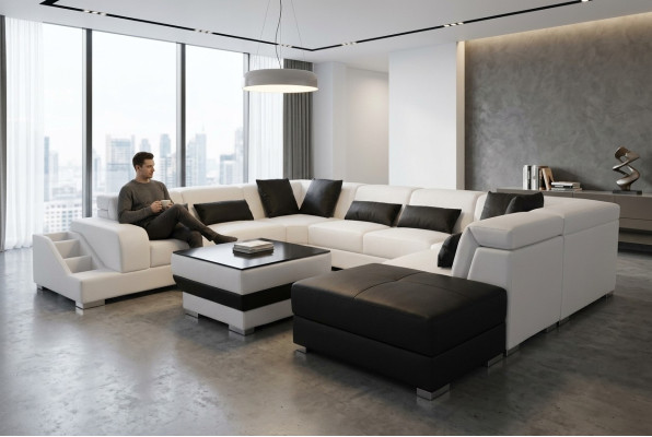 Leder woonlandschap hoekbank set Modern design bank U-vorm G8008 + poef Nieuw