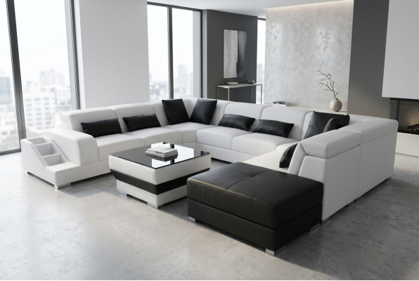 Leder woonlandschap hoekbank set Modern design bank U-vorm G8008 + poef Nieuw