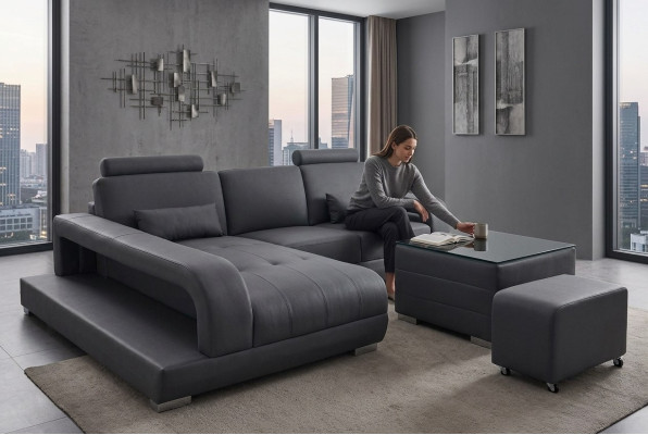 XXL Bank Lederen Woonlandschap Set Moderne Designbank L-Vorm F3017C + Tafel