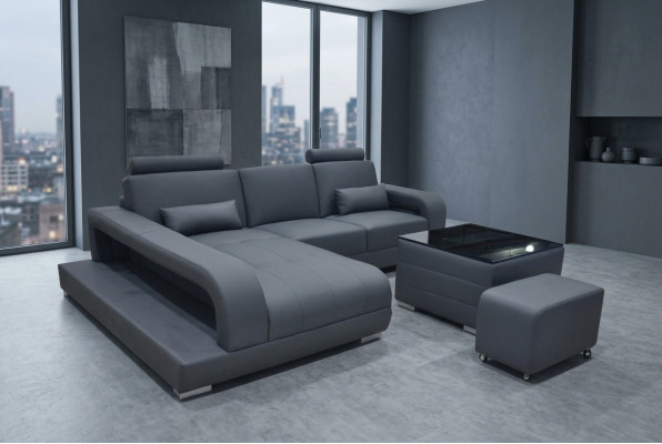 XXL Bank Lederen Woonlandschap Set Moderne Designbank L-Vorm F3017C + Tafel