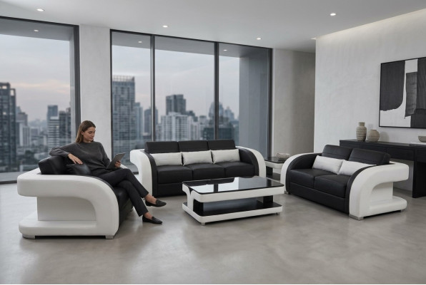 XXL Lederen Bankstel Set Modern Design Loungeset 3+2+1 F3002C+Tafel