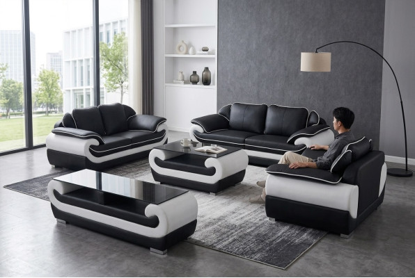Lederen Moderne XXL Bankstel Woonlandschap Leren bankstel Bankstel 3+2+1 D04 + Tafel