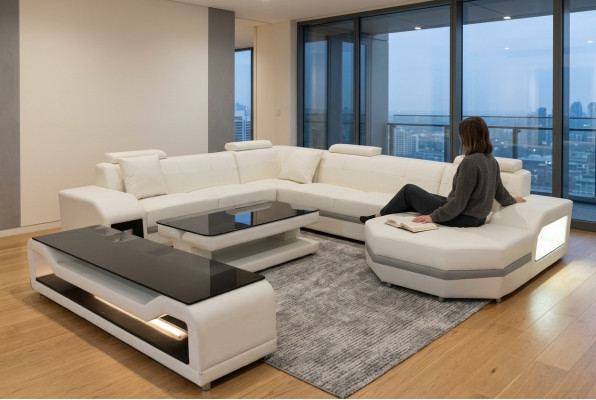 Leder Bank Bank Bekleding Hoekbank Set Woonkamer U Vorm Tafel RTV Nieuw
