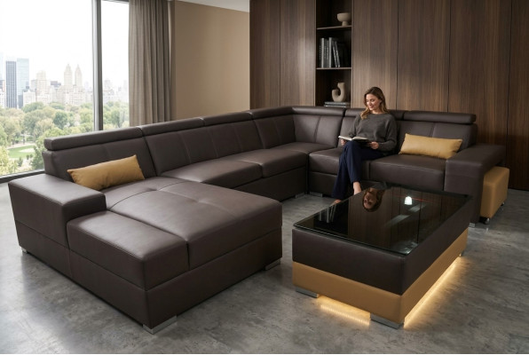 Hoek lederen moderne XXL bank woonlandschap leren bank U-vormige bank C4010 tafel nieuw