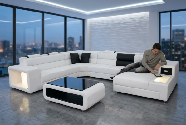 Ontwerp Lederen Beklede Hoekbank Lederen Zitbank Sofa Beklede Hoek Woon Landschap Kamer Nieuw