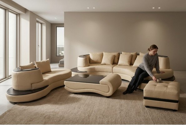 Luxe hoek leren bankstel landschap bekleding XXL Big Sofa U-vorm + chaise + tafel