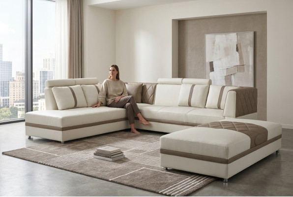 Hoek Leer Modern XXL Bank Woonlandschap Leren Bank L-vorm A1128II+Voetenbank