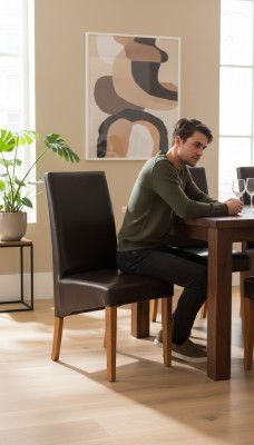 Stel 2x Eetkamerstoelen Stoelen Ontwerper Hout Beklede Stoelen Horeca Eetkamer 100% Leer