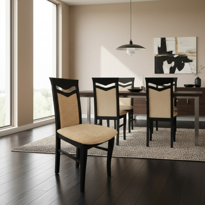 Stel 2x houten designstoelen met stofbekleding in het gasten- of eetkamertextiel op.