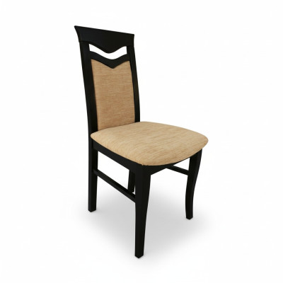 Stel 2x houten designstoelen met stofbekleding in het gasten- of eetkamertextiel op.