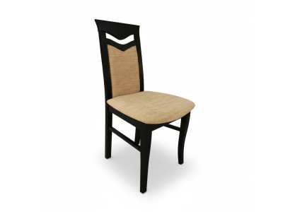 Stel 2x houten designstoelen met stofbekleding in het gasten- of eetkamertextiel op.