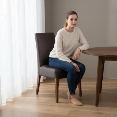 Stel van 6 massief houten eetkamerstoelen met lederen bekleding voor gastronomisch gebruik.