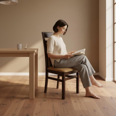 Stel 6 massief houten eetkamerstoelen met stoffen bekleding en stalen frame voor gastronomie.