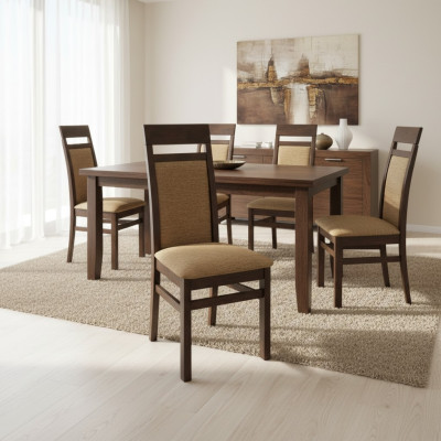 Stel 6 massief houten eetkamerstoelen met stoffen bekleding en stalen frame voor gastronomie.
