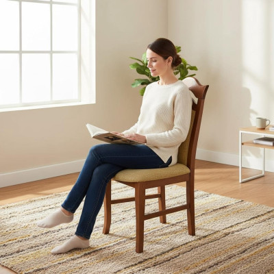 Stel 10x massief houten eetkamerstoelen met stoffen bekleding in de eetkamer.