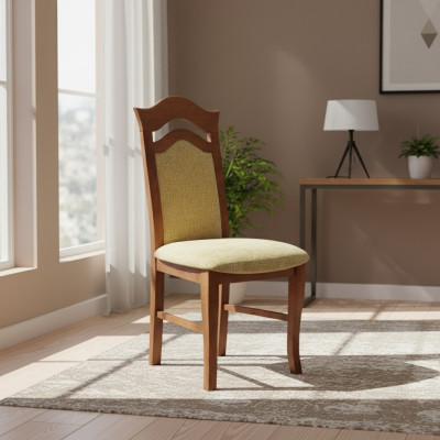 Stel 10x massief houten eetkamerstoelen met stoffen bekleding in de eetkamer.