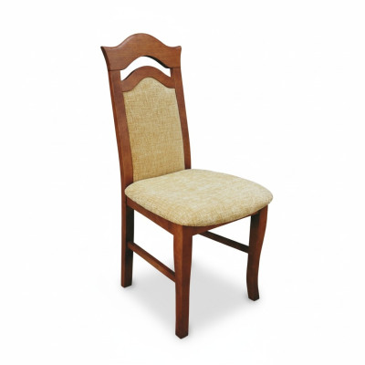 Stel 10x massief houten eetkamerstoelen met stoffen bekleding in de eetkamer.