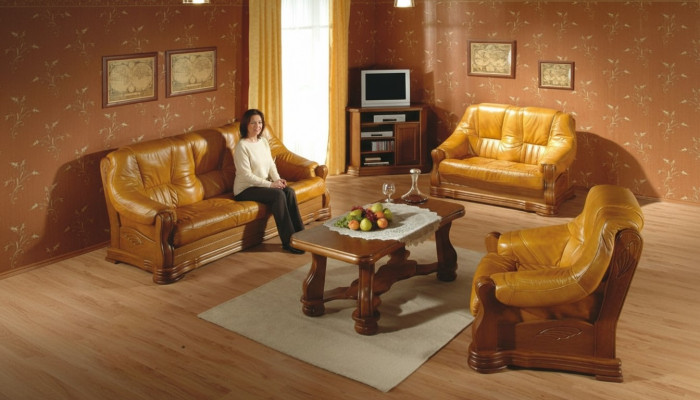 Bankstel Hout Leer 3+2+1 Compleet Set Klassiek Zitkussen Bankstel