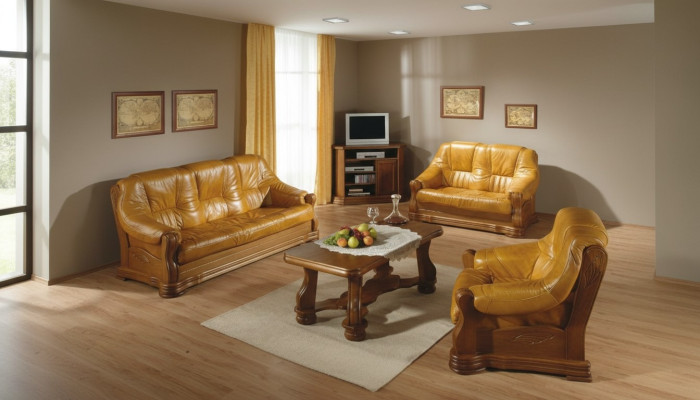 Bankstel Hout Leer 3+2+1 Compleet Set Klassiek Zitkussen Bankstel