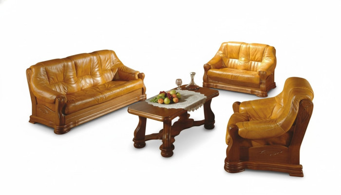 Bankstel Hout Leer 3+2+1 Compleet Set Klassiek Zitkussen Bankstel