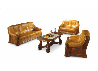 Bankstel Hout Leer 3+2+1 Compleet Set Klassiek Zitkussen Bankstel