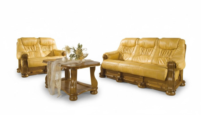 Bankstel hout leer 3+2+1 Compleet set Klassiek bankstel Zitkussen
