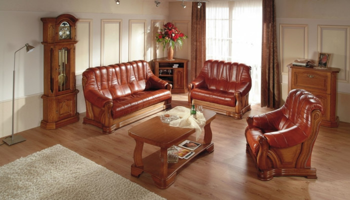 Woonkamer bankstel Bank Bekleding Zitbank Leer Hout 3+2+1 Set Woonkamerbank Bekleding Zitbank van Leer Hout 3+2+1 Set