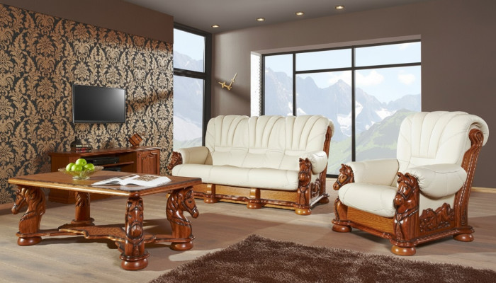 Klassieke bankstel bank Bekleding Zitgroep Bank Leer Hout 3+2+1 Set