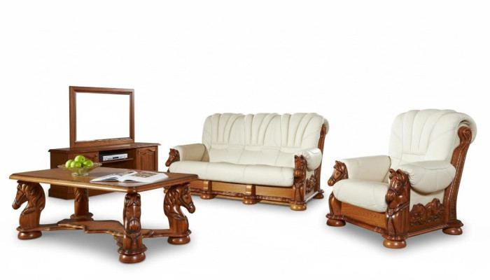 Klassieke bankstel bank Bekleding Zitgroep Bank Leer Hout 3+2+1 Set