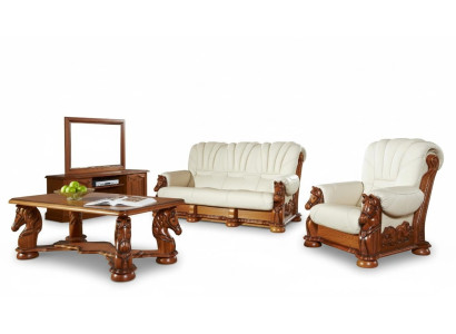 Klassieke bankstel bank Bekleding Zitgroep Bank Leer Hout 3+2+1 Set