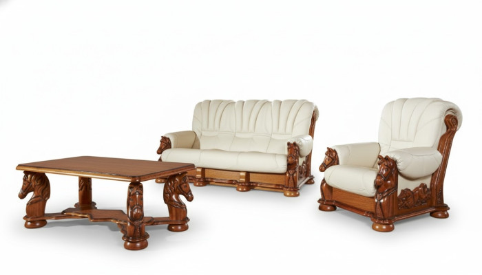 Klassiek bankstel bank bekleding zitje set bankleer hout 3+1+1 Set