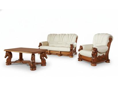 Klassiek bankstel bank bekleding zitje set bankleer hout 3+1+1 Set