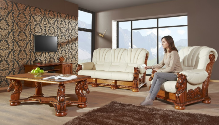 Woonkamer bankstel bank bekleding zitbank lederen hout 3+2 set  Woonkamerbank stoffering zitbank leder hout 3+2 set