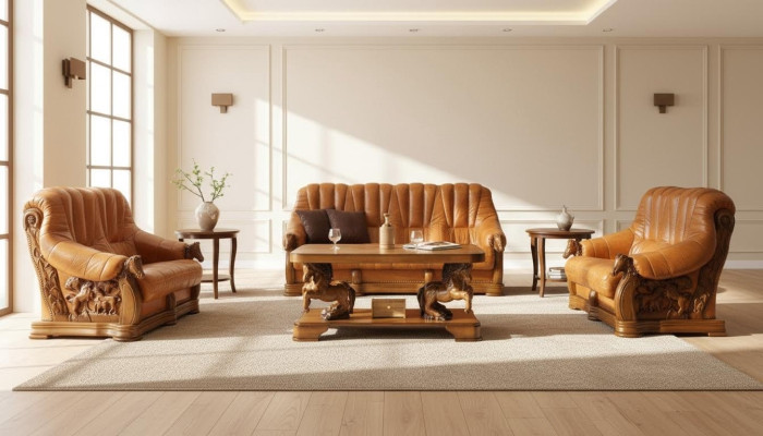 Woonkamer bankstel bank bekleding zetel decoratie bank leer hout 3+2+1 set  Woonkamer bankstel bank bekleding zetel decoratie bank leer hout 3+2+1 set
