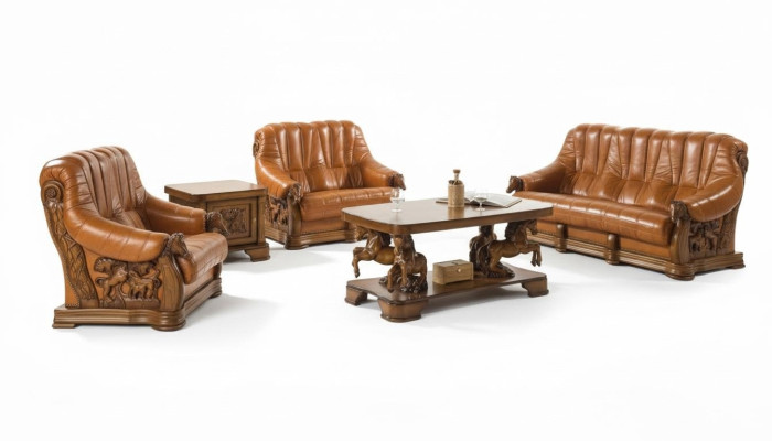 Klassieke bankstel bank bekleding zitbank lederen houten 3+2+2 set stel