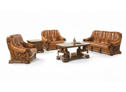 Klassieke bankstel bank bekleding zitbank lederen houten 3+2+2 set stel