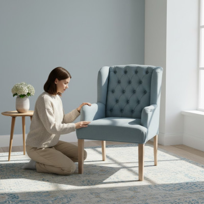 Blauwe Chesterfield stoel hotel inrichting zetel gestoffeerde stoel fauteuil