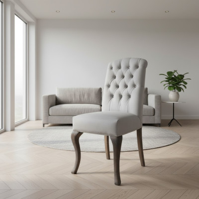 Grijze Chesterfield x6 fauteuils Ontwerper houten poten Luxe set van 6